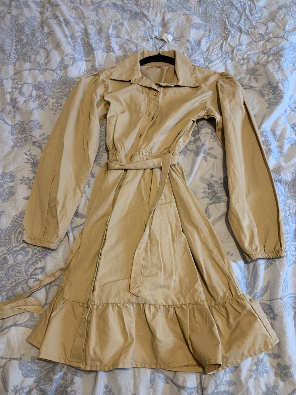BCBGirls Tan Long Sleeve Tie-Waist Ruffle-Hem Dress
